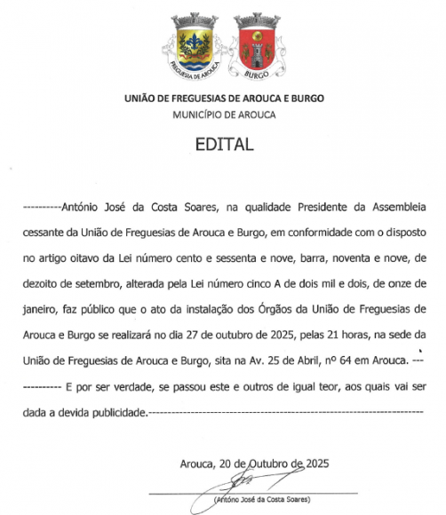 Edital - Assembleia de Freguesia - Instala&ccedil;&atilde;o