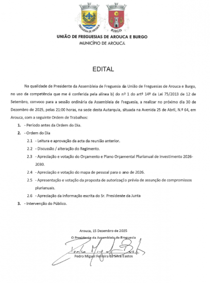Edital - Assembleia de Freguesia - Dezembro 2025